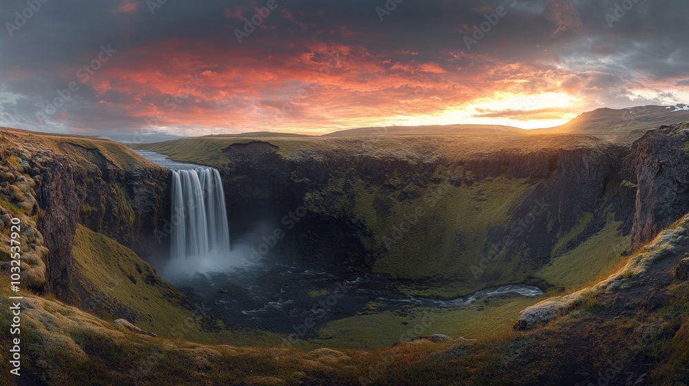 A stunning waterfall cascading into a lush valley under a dramatic sunset sky. A stunning waterfall cascading into a lush valley under a dramatic sunset sky.