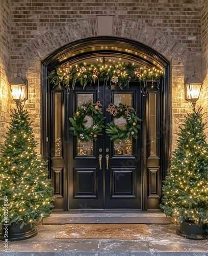 Elegant festive entrance with wreaths and glowing lights during the holiday s...