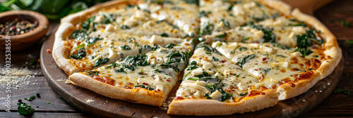 Vegan white pizza with plant-based cheeses and fresh spinach