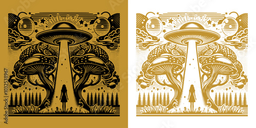 a woman catch by ufo in the mushroom forest