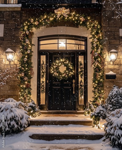 Elegant festive entrance with wreaths and glowing lights during the holiday s...