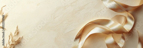 Elegant golden ribbon tied on a soft beige background for gift wrapping or de...