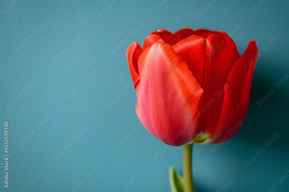 Vibrant Red Tulip Against a Soft Blue Background Vibrant Red Tulip Against a Soft Blue Background