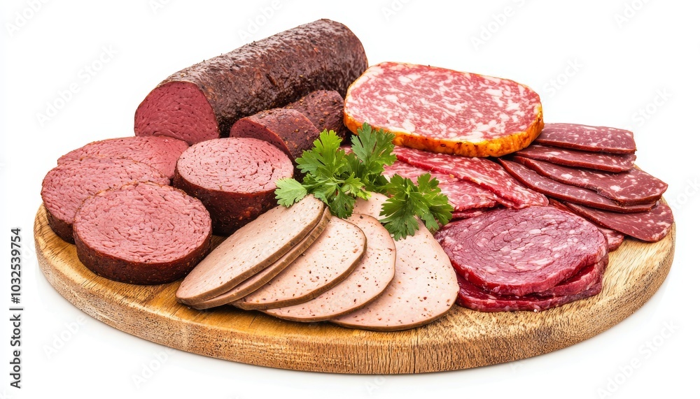 An assortment of mock meats made from soy protein, elegantly arranged on a wooden platter with a sprig of coriander An assortment of mock meats made from soy protein, elegantly arranged on a wooden platter with a sprig of coriander