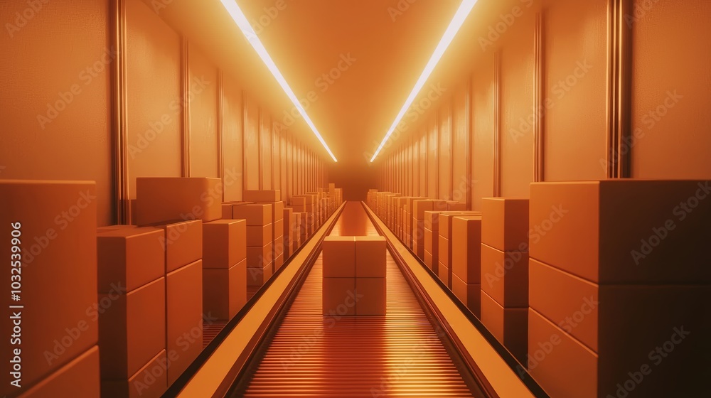 Fototapeta premium Automated warehouse with conveyor sorting packages, futuristic logistics setup