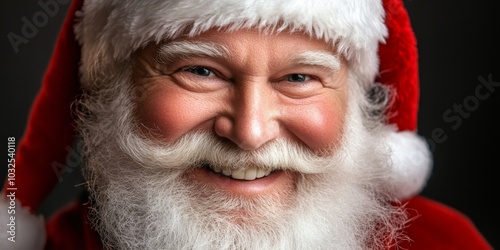 Generative AI image of portrait of smiling senior man in Santa Claus hat with long white beard looking at camera against dark background