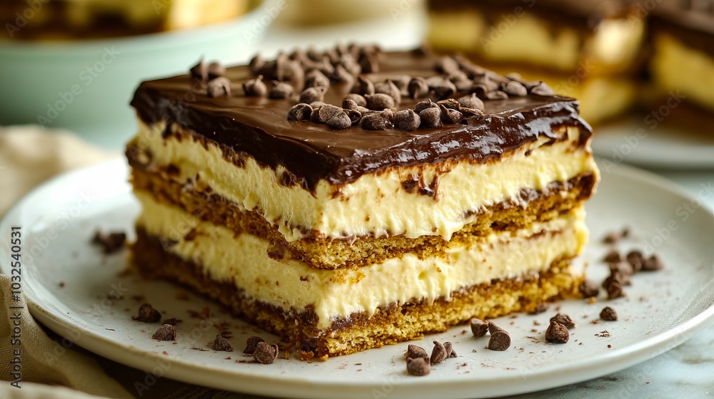 A slice of chocolate chip cookie dough icebox cake on a white plate A slice of chocolate chip cookie dough icebox cake on a white plate