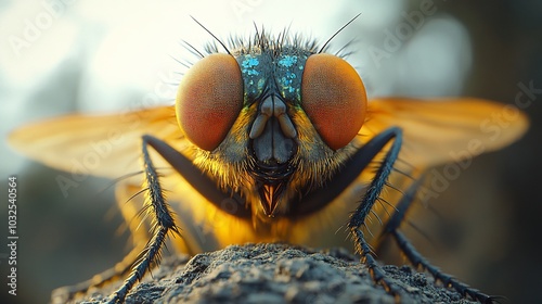 Close-up macro shot of a fly with large orange eyes and hairy body.