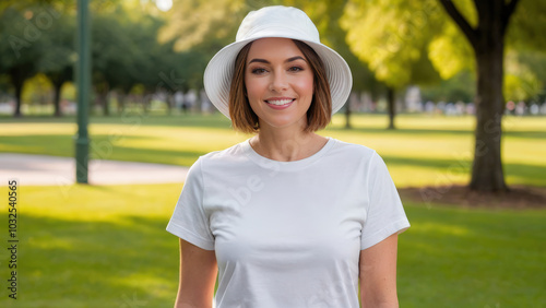 Woman with short hair wearing white t-shirt and white bucket hat standing in the park