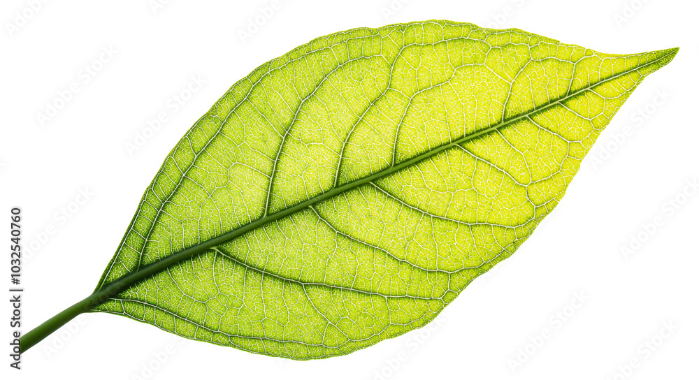 Obraz premium Close-up of a bright green leaf isolated on transparent background