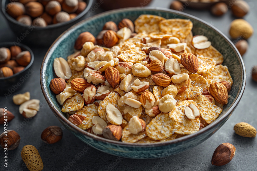 A colorful bowl of mixed nuts and cereal on a kitchen countertop A colorful bowl of mixed nuts and cereal on a kitchen countertop