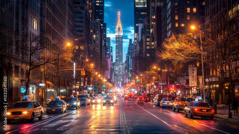 Nighttime shot of a city street illuminated by architectural lighting, showcasing nightlife Nighttime shot of a city street illuminated by architectural lighting, showcasing nightlife