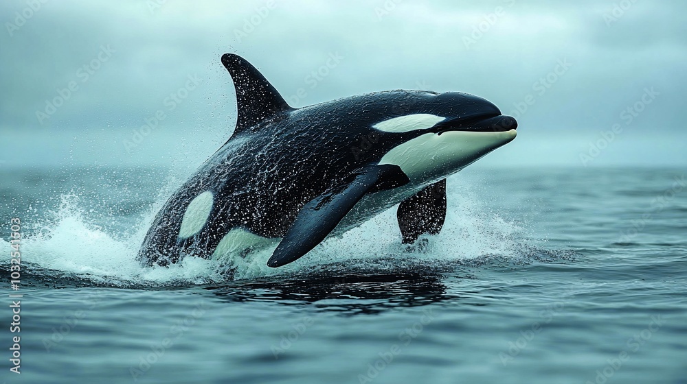 Fototapeta premium A killer whale leaps out of the water, creating a spray of water.
