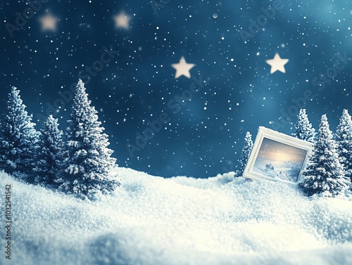 The image depicts a snowy winter scene with a blue night sky The scene is illuminated by white stars and snow is falling creating a peaceful and serene atmosphere In