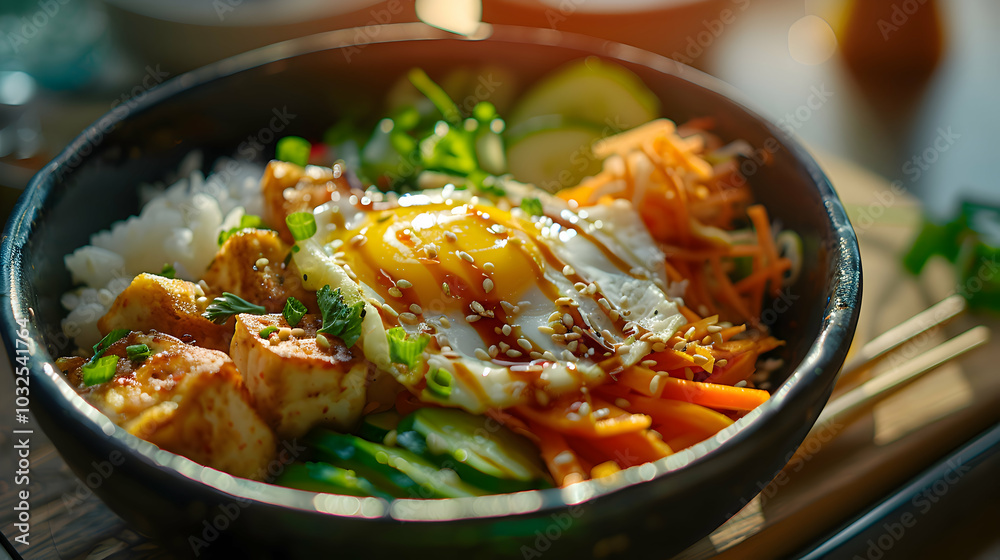 Vegetarian bibimbap with tofu, zucchini, and carrots Vegetarian bibimbap with tofu, zucchini, and carrots