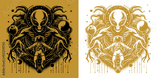 scary alien and a astronaut in the space retro design