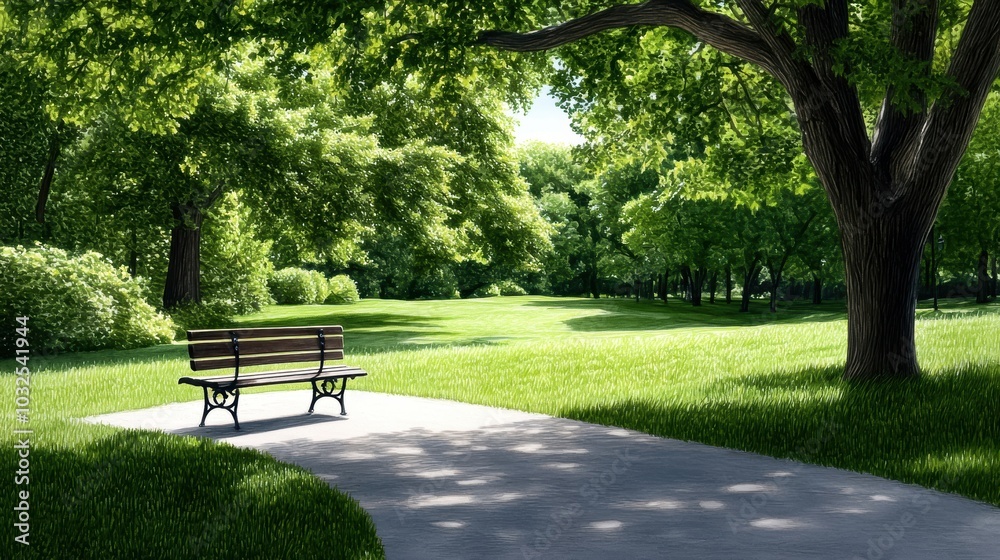 Serene park view with lush greenery and a bench under a tree. Serene park view with lush greenery and a bench under a tree.