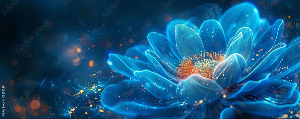 Close-up of a glowing blue flower with intricate details and vibrant colors, illuminated against a dark, blurred background.