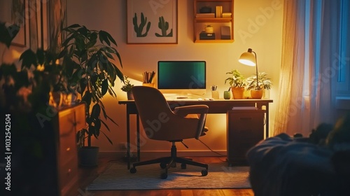 Cozy home office with warm lighting and plants, perfect for work or study.