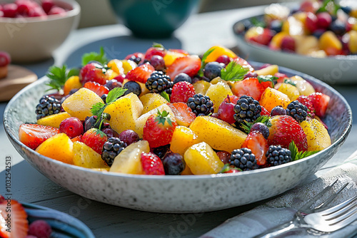 Fresh fruit salad with berries and melon on a sunny outdoor table