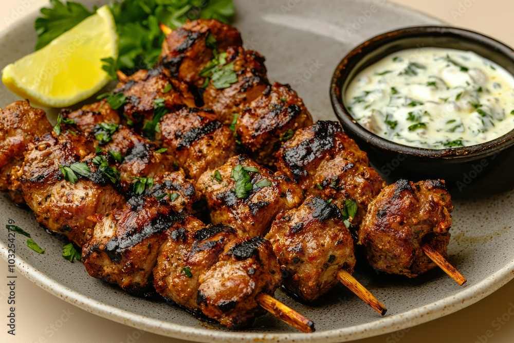 Grilled Meat Skewers with Lemon, Parsley, and Creamy Herb Sauce Grilled Meat Skewers with Lemon, Parsley, and Creamy Herb Sauce