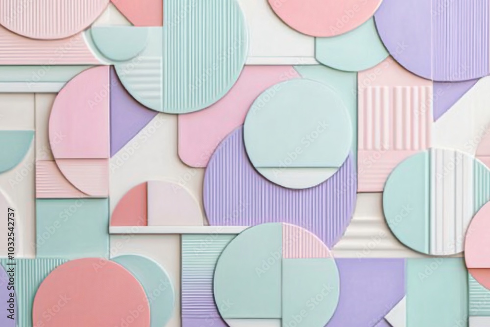 The image is a close-up of a wall with a variety of pastel-colored geometric shapes The shapes are made of different materials including wood metal and plastic and they create The image is a close-up of a wall with a variety of pastel-colored geometric shapes The shapes are made of different materials including wood metal and plastic and they create