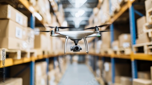 Automated warehouse drones scanning shelves, futuristic logistics solution