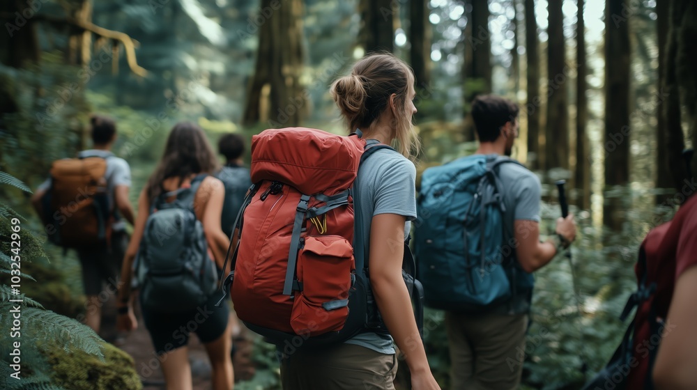 Group of hikers exploring a lush forest trail surrounded by tall trees in summer under bright sunlight Group of hikers exploring a lush forest trail surrounded by tall trees in summer under bright sunlight