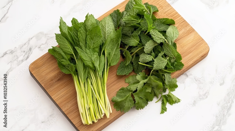Fresh Thai herbs basil, mint, and cilantro neatly arranged on a cutting board, ready for a vegetarian dish garnish Fresh Thai herbs basil, mint, and cilantro neatly arranged on a cutting board, ready for a vegetarian dish garnish