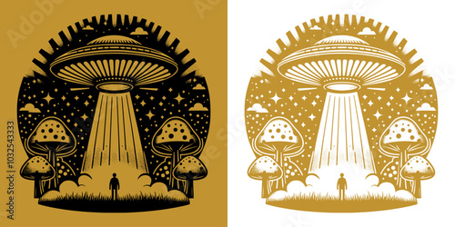 a ufo catch a man in the mushroom forest