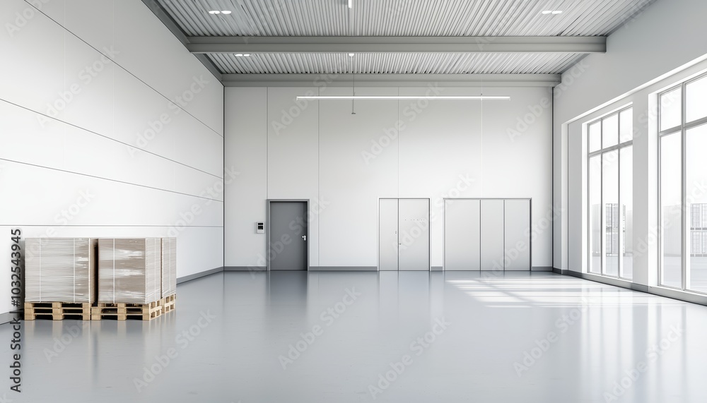 Fototapeta premium Modern warehouse interior, stacked pallets, efficient layout, clean and organized