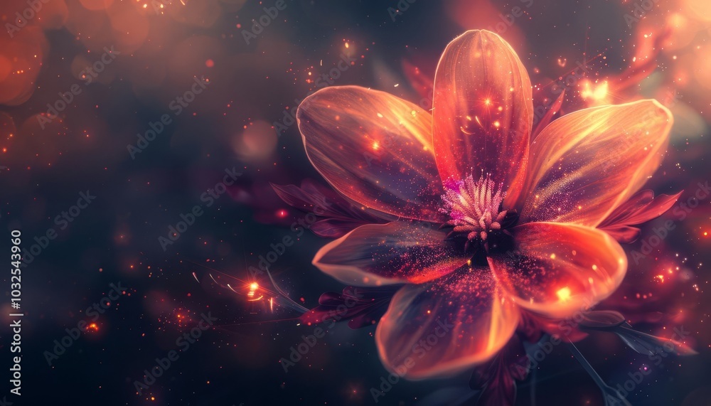 Beautiful abstract flower with glowing petals and vibrant colors, creating a magical and enchanting atmosphere in the dark background. Beautiful abstract flower with glowing petals and vibrant colors, creating a magical and enchanting atmosphere in the dark background.