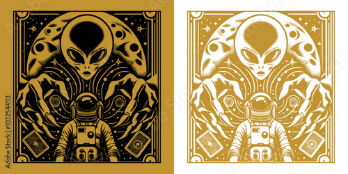 scary alien with astronaut playing a card