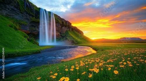 A stunning waterfall cascading into a serene river, surrounded by vibrant flowers at sunset.