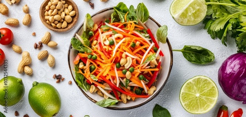 Fresh, colorful papaya shreds        being prepared for a spicy vegan som tum salad, surrounded by peanuts and limes photo