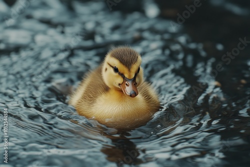 Duckling swims in water photo