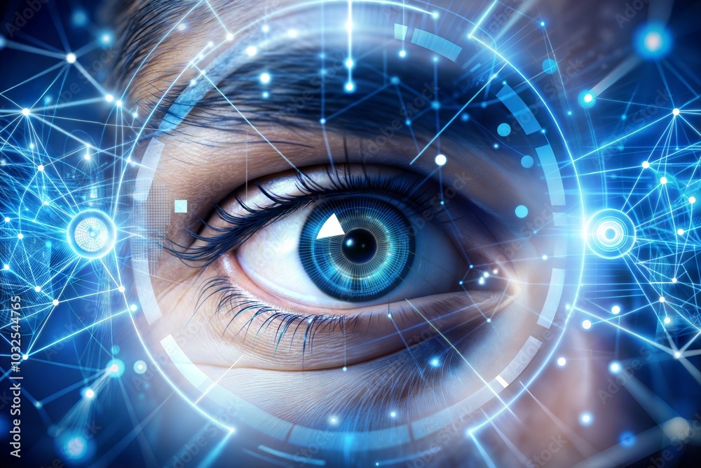 Human eye connected to digital network symbolizing cybersecurity and technology Human eye connected to digital network symbolizing cybersecurity and technology