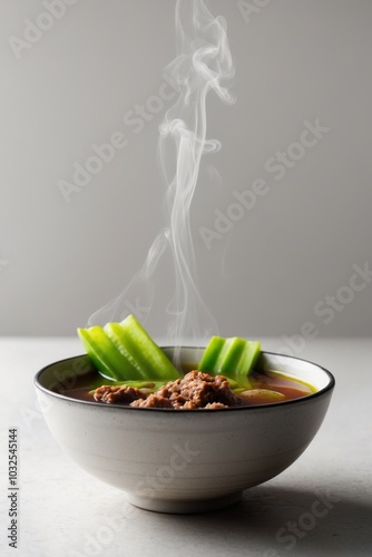 Bowl of Soup Featuring Ground Pork and Bitter Melon. photo