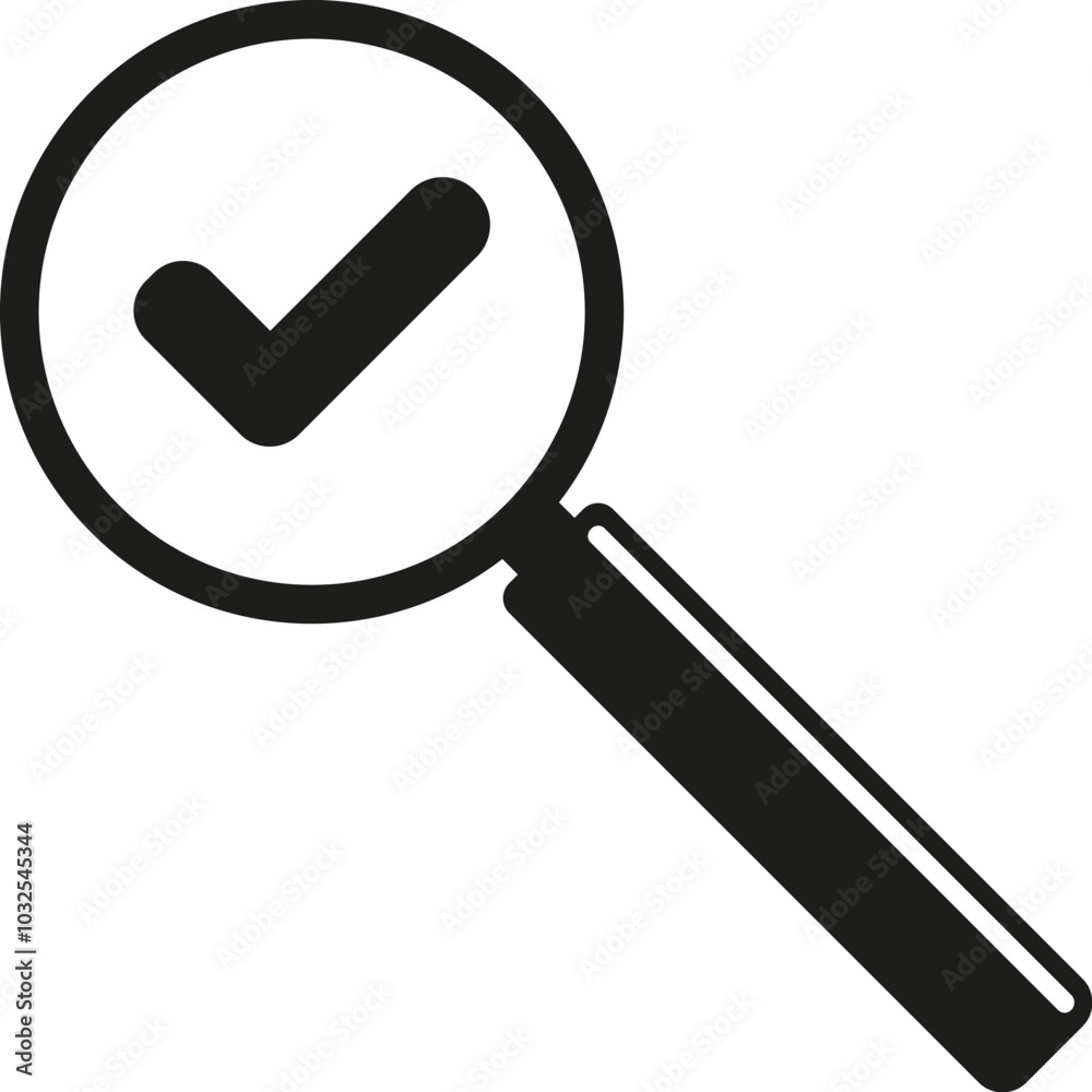 Black magnifying glass with green check mark icon. Vector. Flat design. Black magnifying glass with green check mark icon. Vector. Flat design.