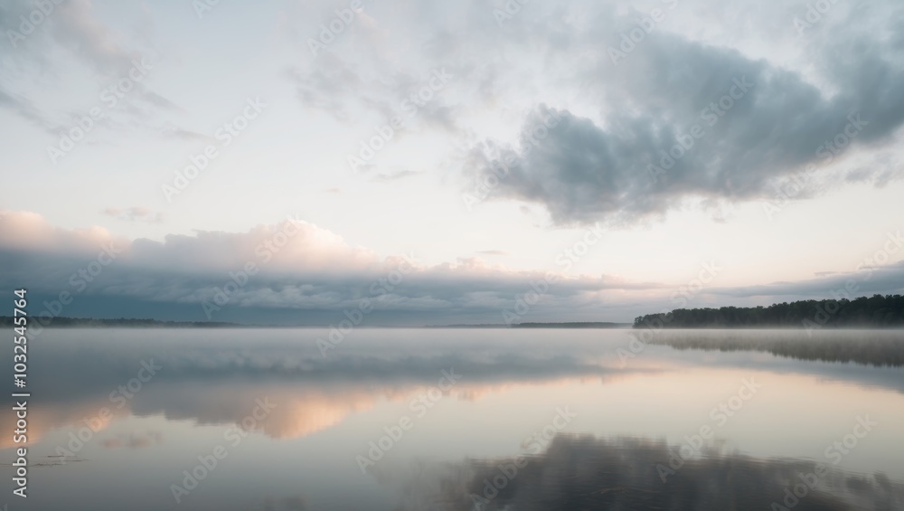Tranquil Lake at Dawn with Low Hanging Clouds. Tranquil Lake at Dawn with Low Hanging Clouds.