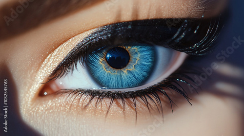 blue eyes of a girl with long painted eyelashes, shadows and blue eyes