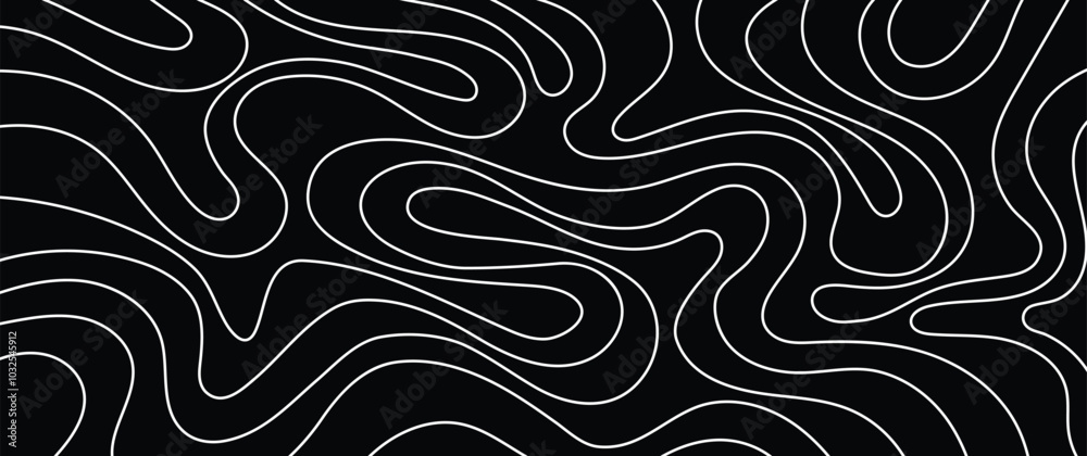 Obraz premium Terrain topographic map background wave lines seamless pattern vector liquid swirl in black and white colors