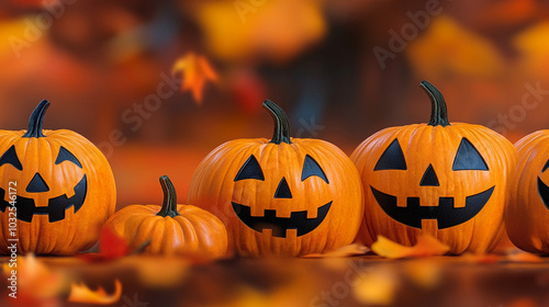 funny halloween pumpkins in a row with leaves