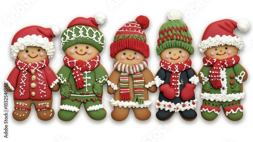 Five gingerbread men wearing hats and scarves