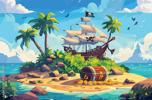 Pirate Island with Treasure Chests and Ships Painting, treasure cheast, tropical, palms. Sea landscape coast, beach, sand, adventure, game. Vector illustration