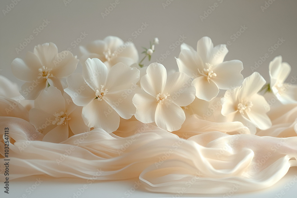 A serene composition featuring delicate cream flowers arranged alongside soft, flowing ribbons, creating an elegant and tranquil aesthetic. A serene composition featuring delicate cream flowers arranged alongside soft, flowing ribbons, creating an elegant and tranquil aesthetic.