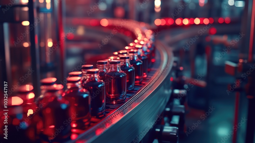 Factory Assembly Line with Red Objects