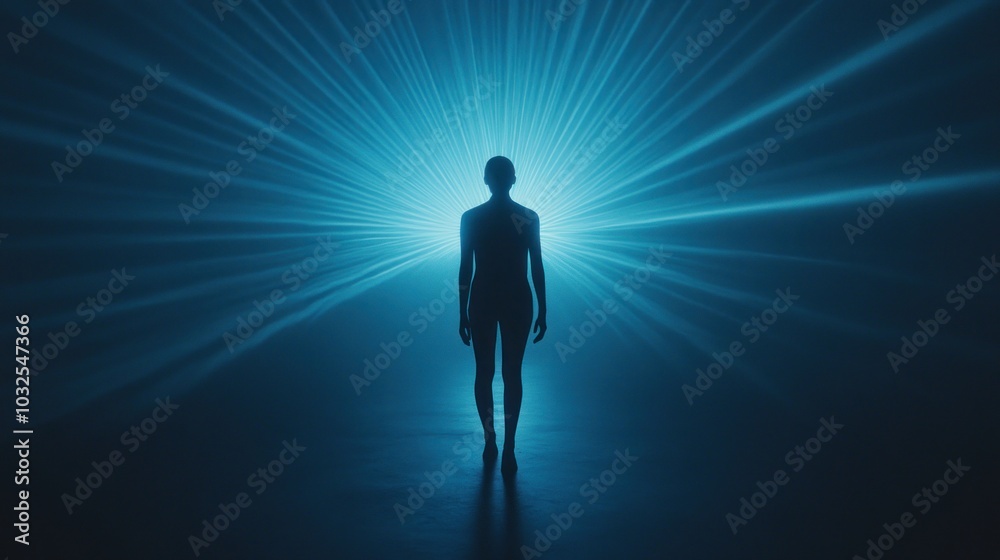 A silhouette of a person standing in a bright blue light. A silhouette of a person standing in a bright blue light.