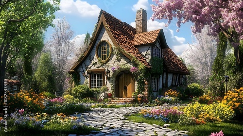 Charming Stone Cottage with Lush Garden and Stone Path.