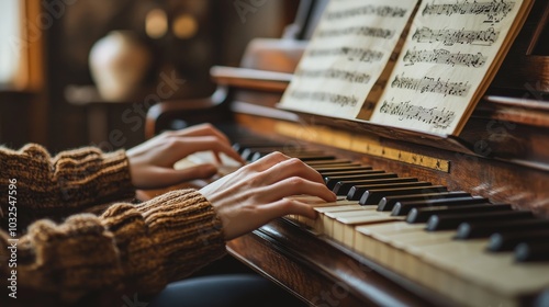 A musician practices on a vintage piano with sheet music in a cozy indoor set...